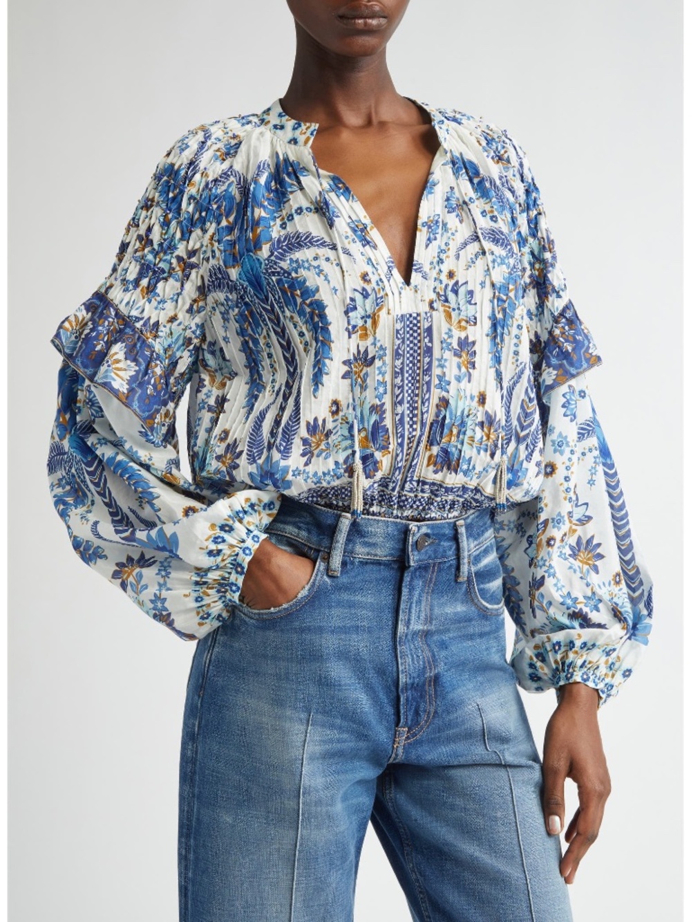 *SOLD* Farm Rio Ana Tapestry Cotton Blend Ruffle Top Blouse Small NWT Blue - Picture 1 of 15